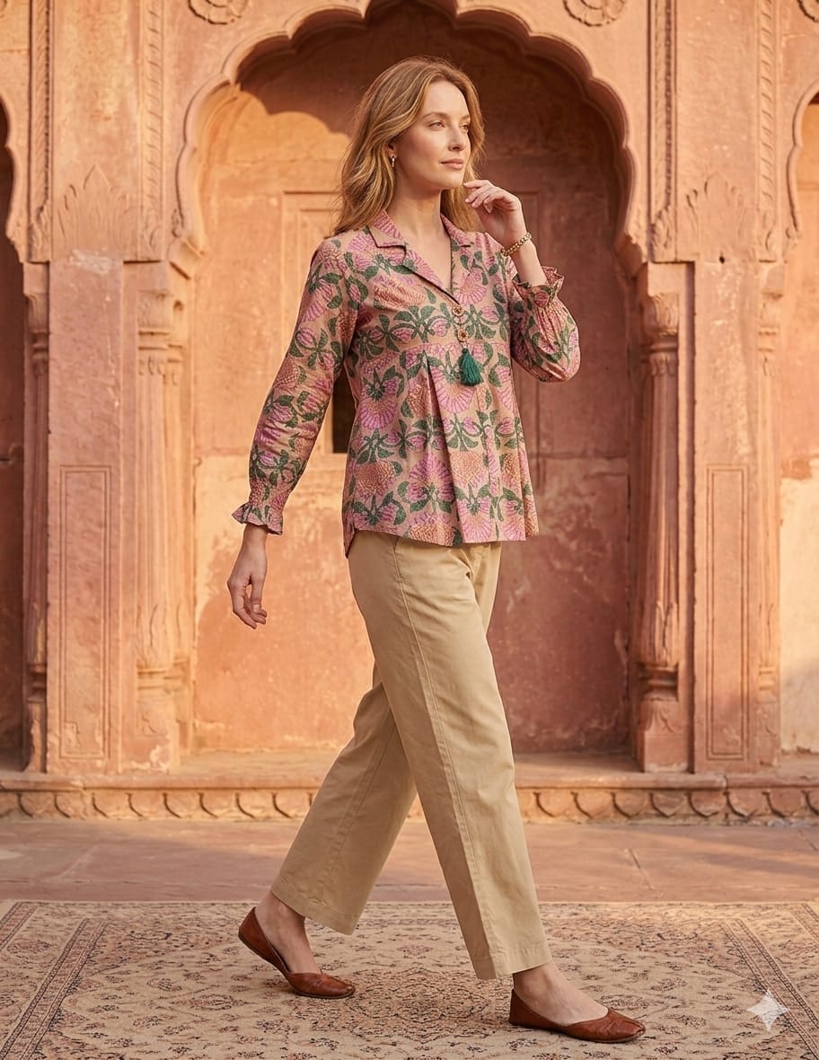 Women’s Floral Print Cotton Co-Ord Set with Beige Pants
