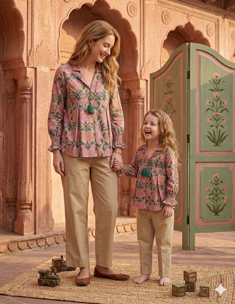 Mom & Daughter Floral Print Cotton Co-Ord Set with Beige Pants