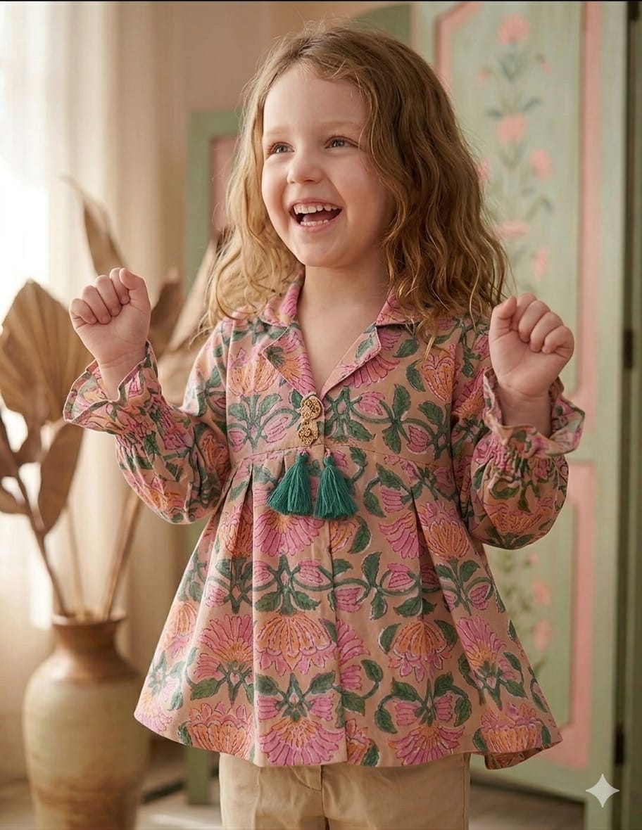 Baby Girls Floral Print Cotton Co-Ord Set with Beige Pant