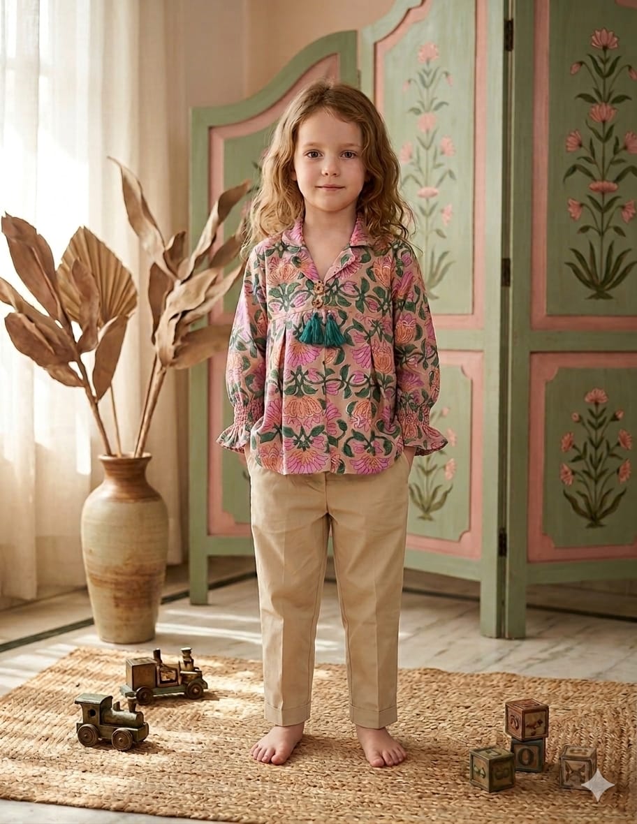 Baby Girls Floral Print Cotton Co-Ord Set with Beige Pant
