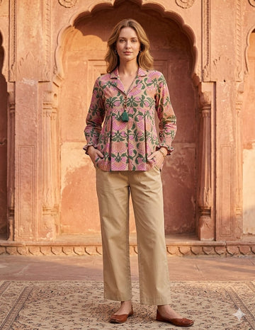 Women’s Floral Print Cotton Co-Ord Set with Beige Pants