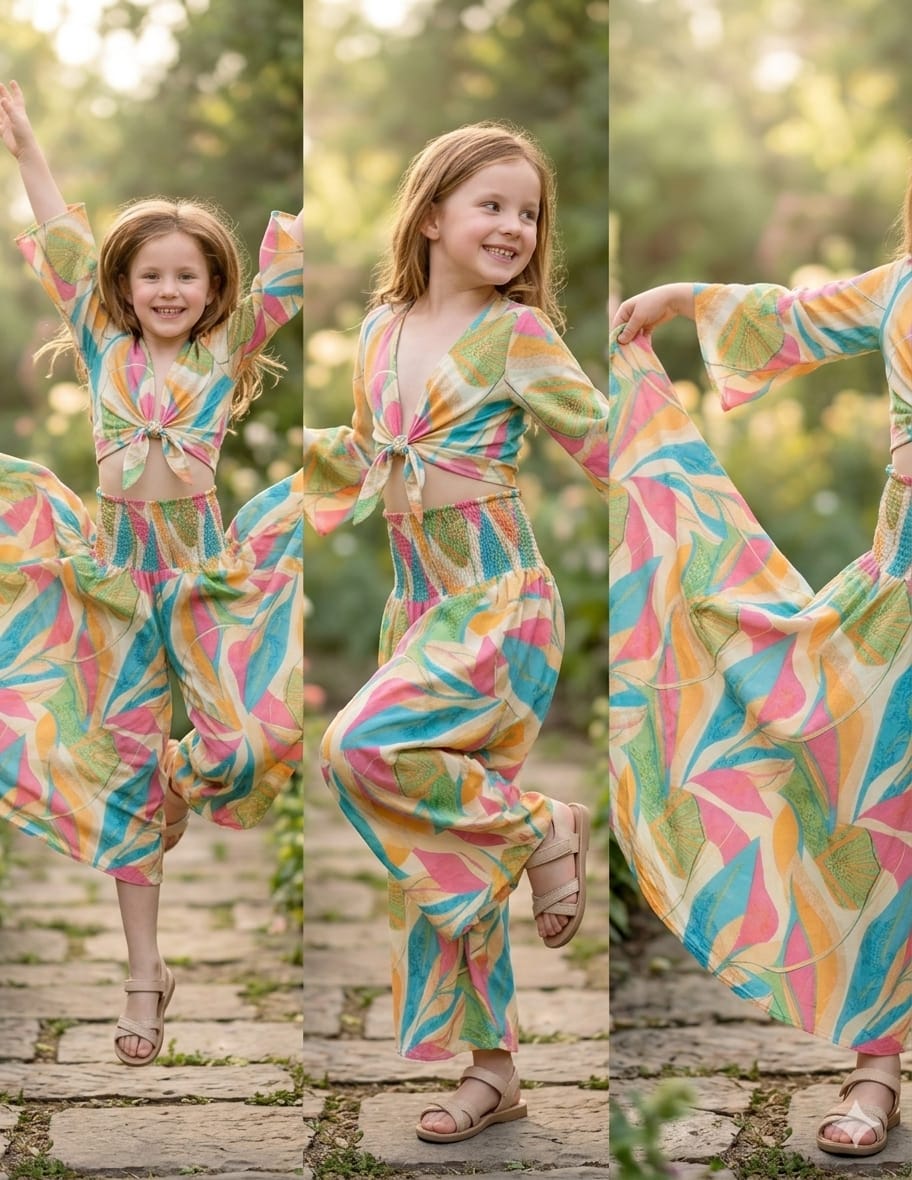 Baby Girls Leaf Printed Tie-Front Crop Top & Flared Palazzo Pant Co-ord Set