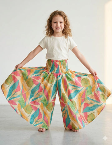Baby Girl Leaf Printed Cotton Flared Palazzo Pants with Smocked Waist