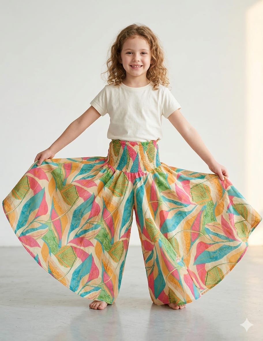 Baby Girl Leaf Printed Cotton Flared Palazzo Pants with Smocked Waist