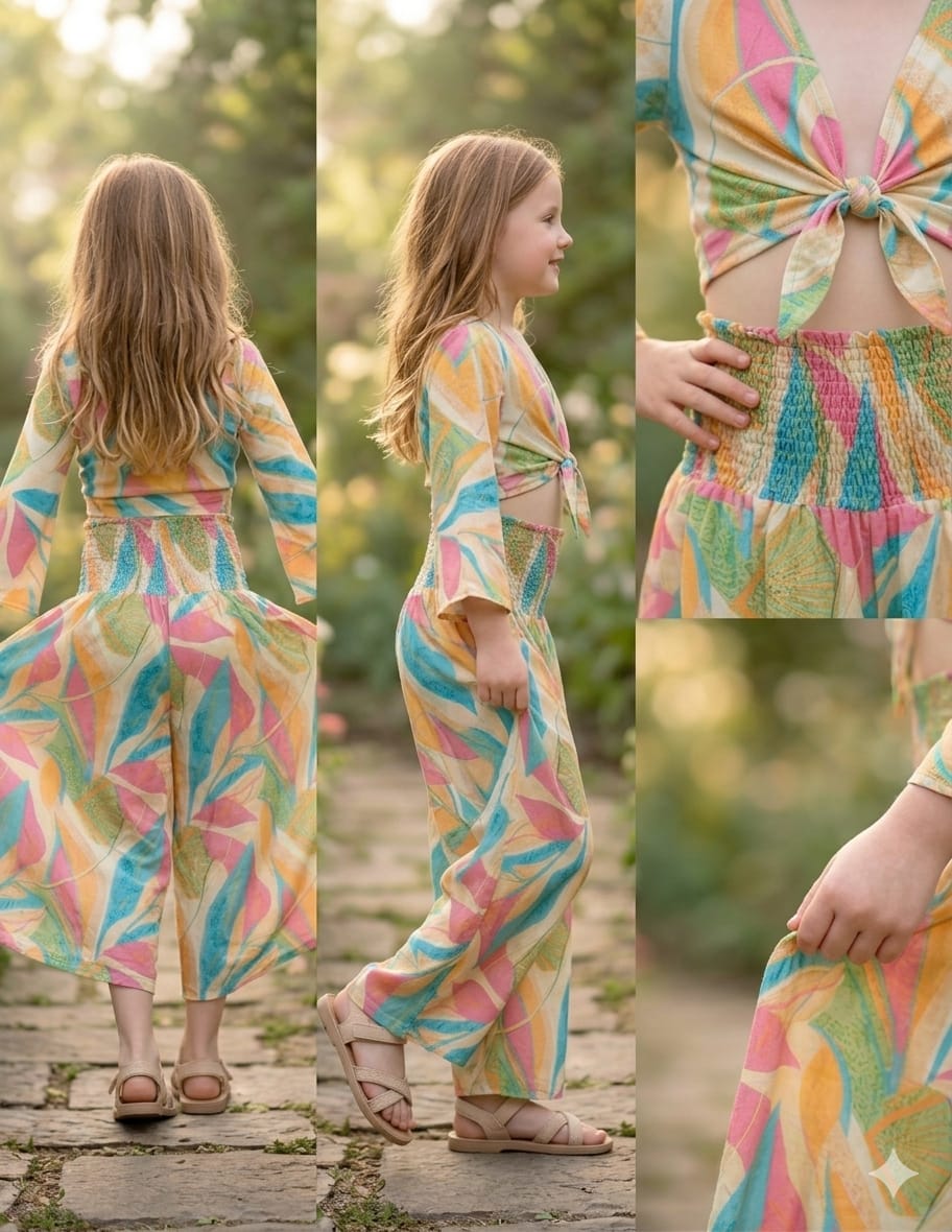 Baby Girls Leaf Printed Tie-Front Crop Top & Flared Palazzo Pant Co-ord Set