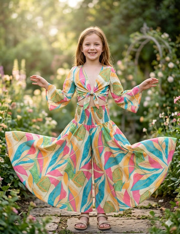 Baby Girls Leaf Printed Tie-Front Crop Top & Flared Palazzo Pant Co-ord Set