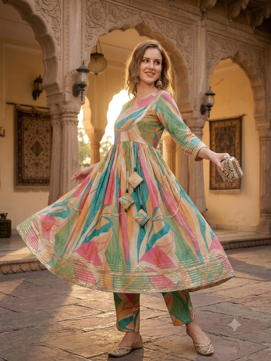 Women’s Leaf Print Cotton Anarkali Kurta Set