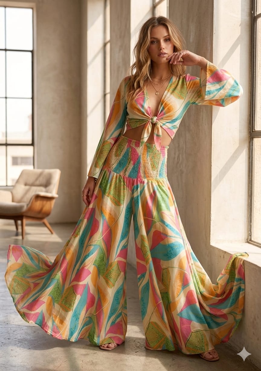 Women’s Multicolor Leaf Printed Cotton Tie-Front Crop Top & Flared Palazzo Pant Co-ord Set