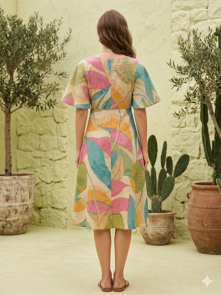 Women’s Leaf Printed Cotton Umbrella Style A-Line Dress with Drawstring Waist