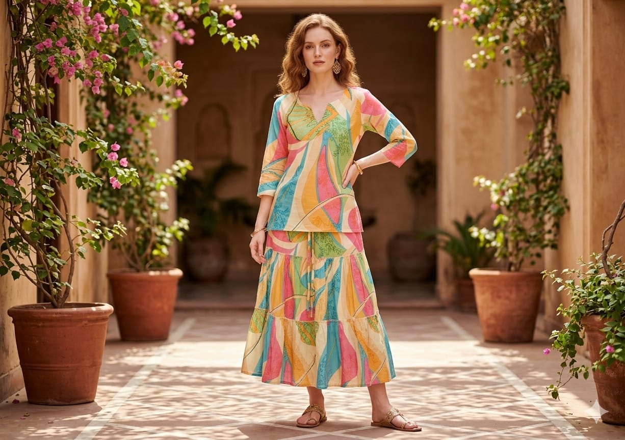 Mom & Me Leaf Printed Cotton Kurta with Flared Skirt Set