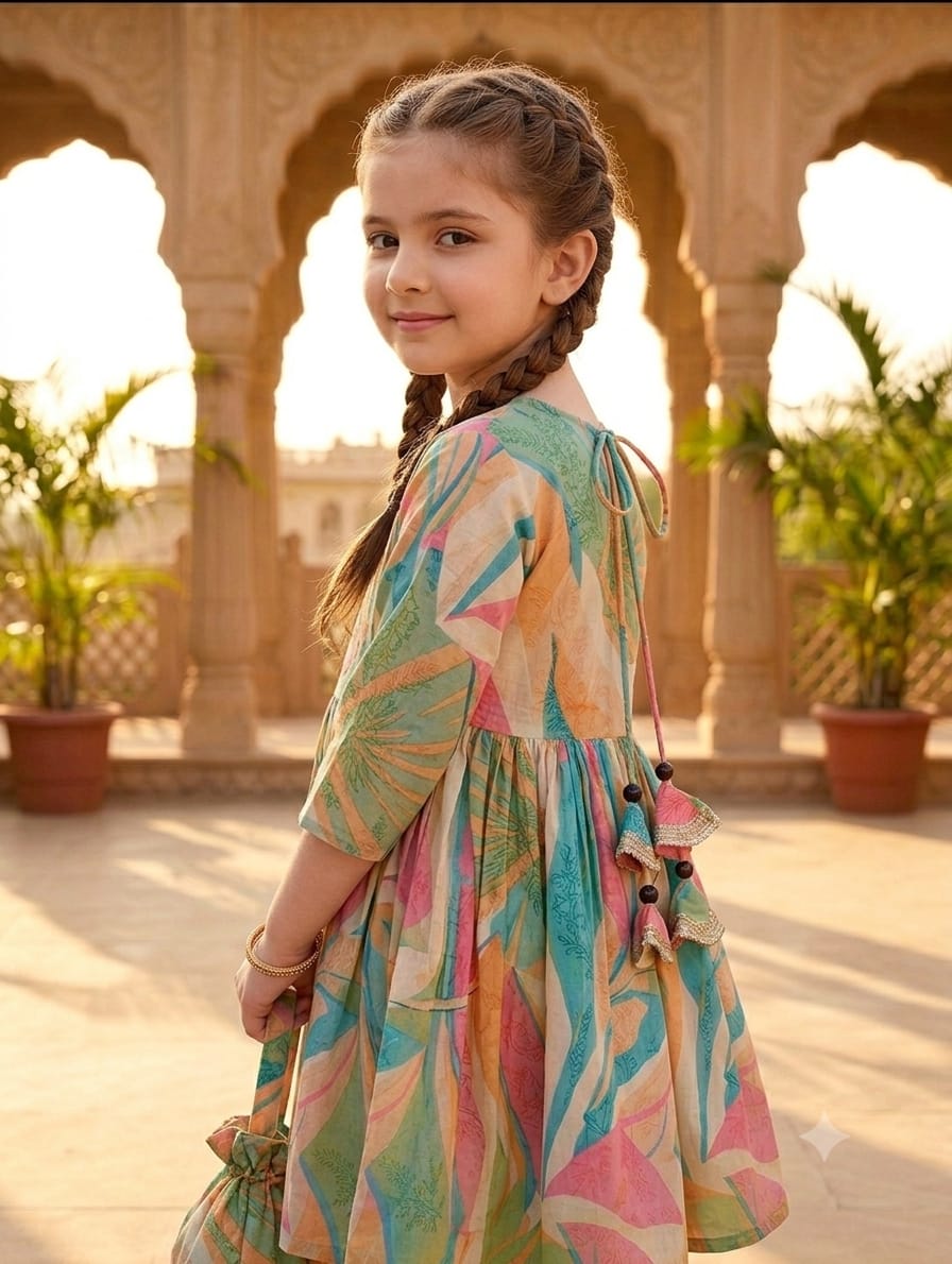 Mom & Daughter Leaf Print Cotton Anarkali Kurta Set