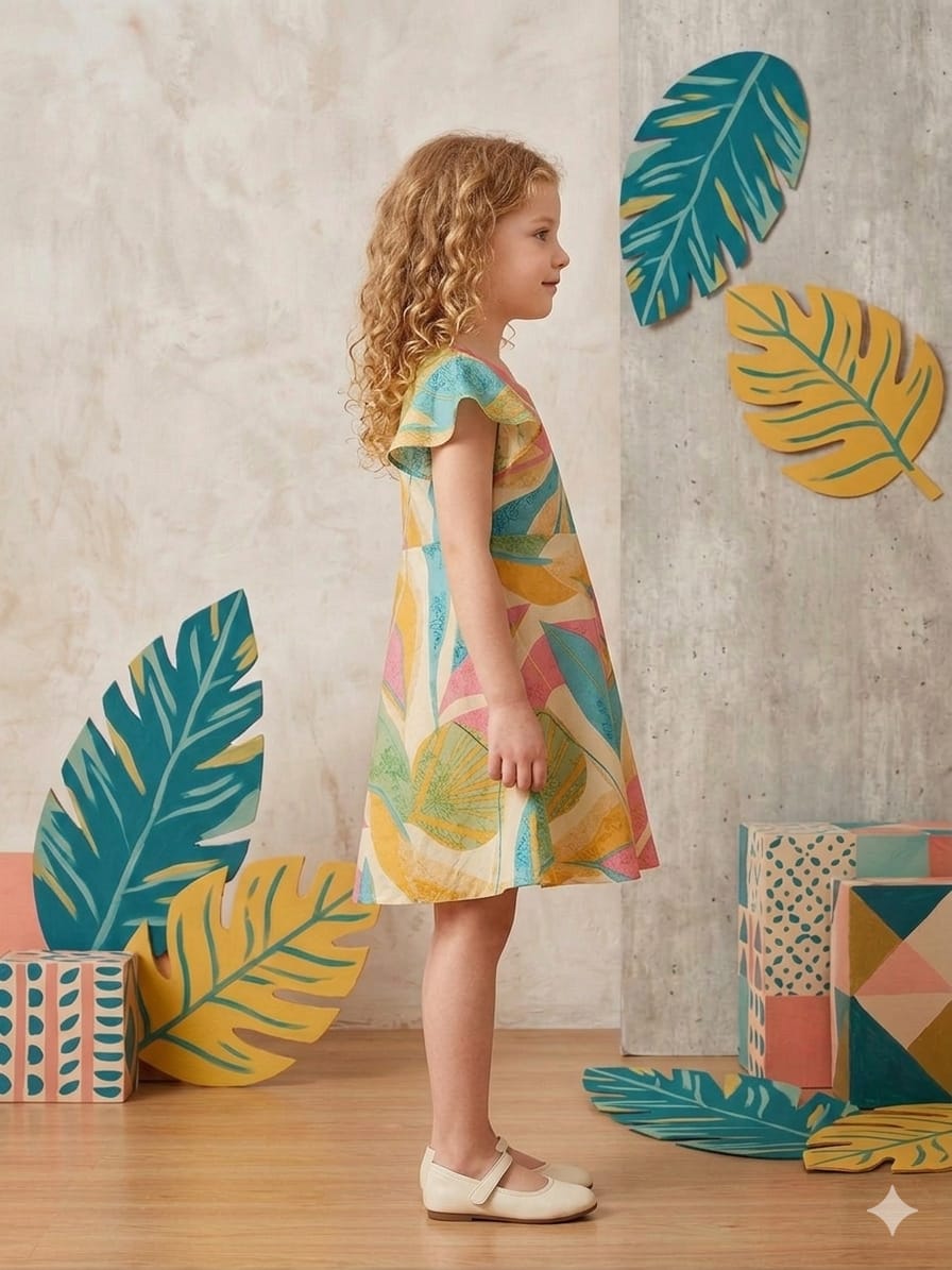 Baby Girls Leaf Printed Cotton Umbrella Style A-Line Dress with Flutter Sleeves
