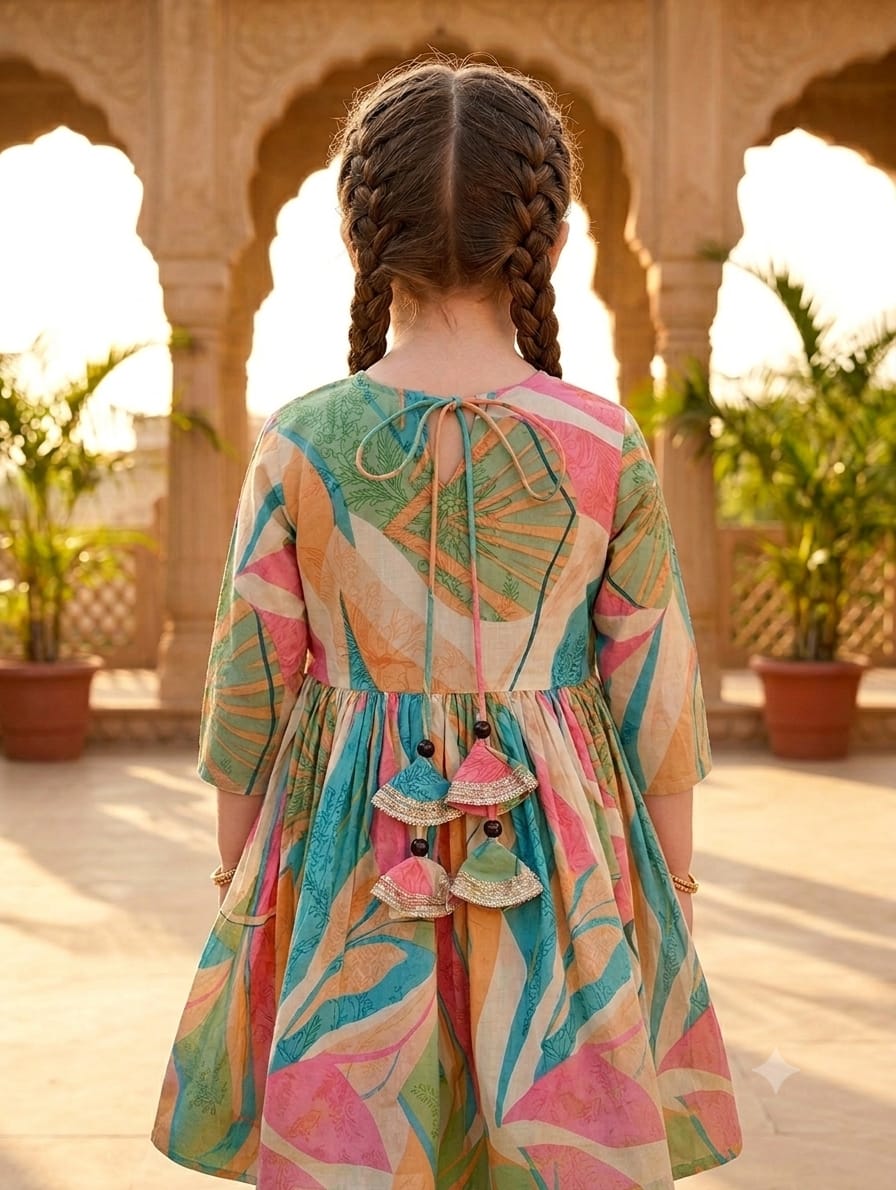 Baby Girl Leaf Print Cotton Anarkali Kurta Set