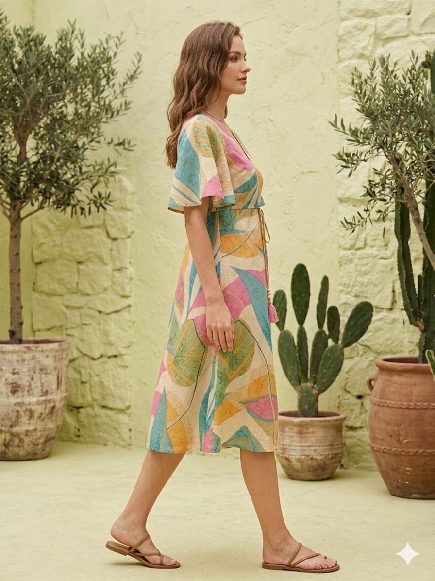 Women’s Leaf Printed Cotton Umbrella Style A-Line Dress with Drawstring Waist