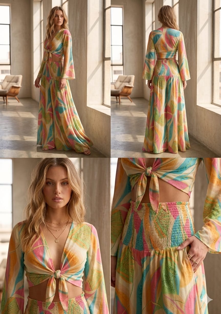 Women’s Multicolor Leaf Printed Cotton Tie-Front Crop Top & Flared Palazzo Pant Co-ord Set