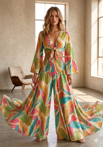 Women’s Multicolor Leaf Printed Cotton Tie-Front Crop Top & Flared Palazzo Pant Co-ord Set