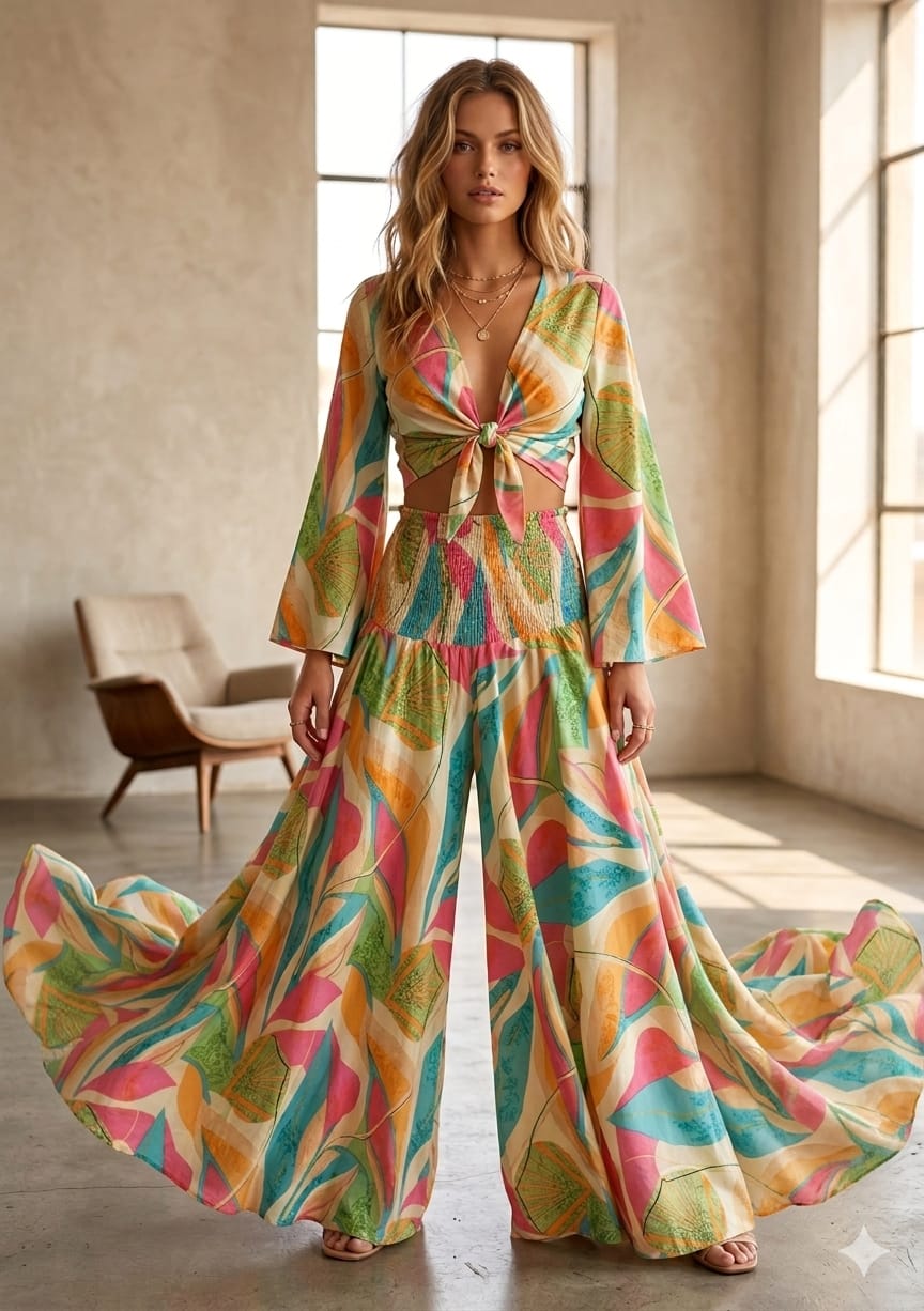 Women’s Multicolor Leaf Printed Cotton Tie-Front Crop Top & Flared Palazzo Pant Co-ord Set