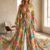 Women’s Multicolor Leaf Printed Cotton Tie-Front Crop Top & Flared Palazzo Pant Co-ord Set