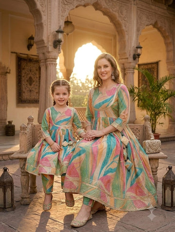 Mom & Daughter Leaf Print Cotton Anarkali Kurta Set