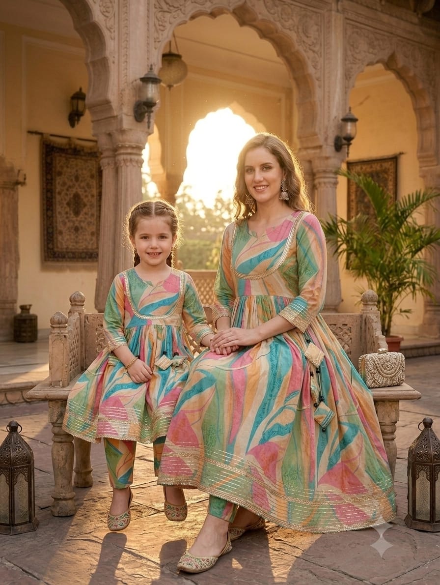 Mom & Daughter Leaf Print Cotton Anarkali Kurta Set