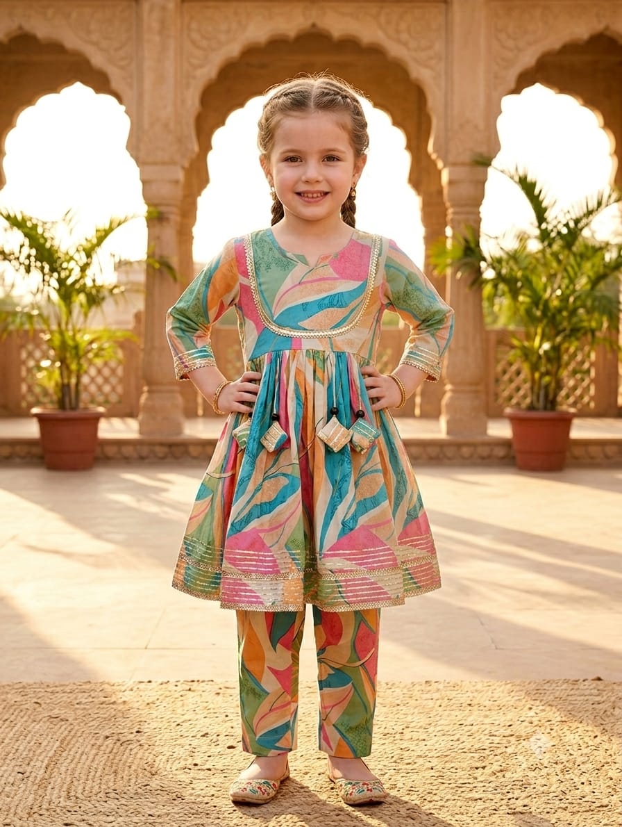 Mom & Daughter Leaf Print Cotton Anarkali Kurta Set