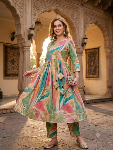Women’s Leaf Print Cotton Anarkali Kurta Set
