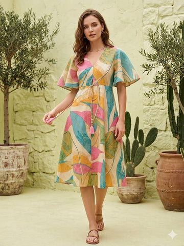 Women’s Leaf Printed Cotton Umbrella Style A-Line Dress with Drawstring Waist