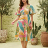 Women’s Leaf Printed Cotton Umbrella Style A-Line Dress with Drawstring Waist