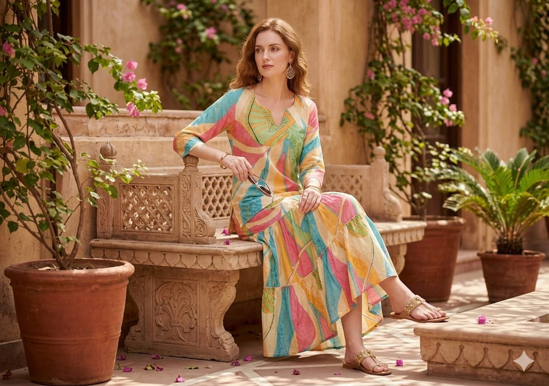 Women’s Leaf Printed Cotton Kurta with Flared Skirt Set