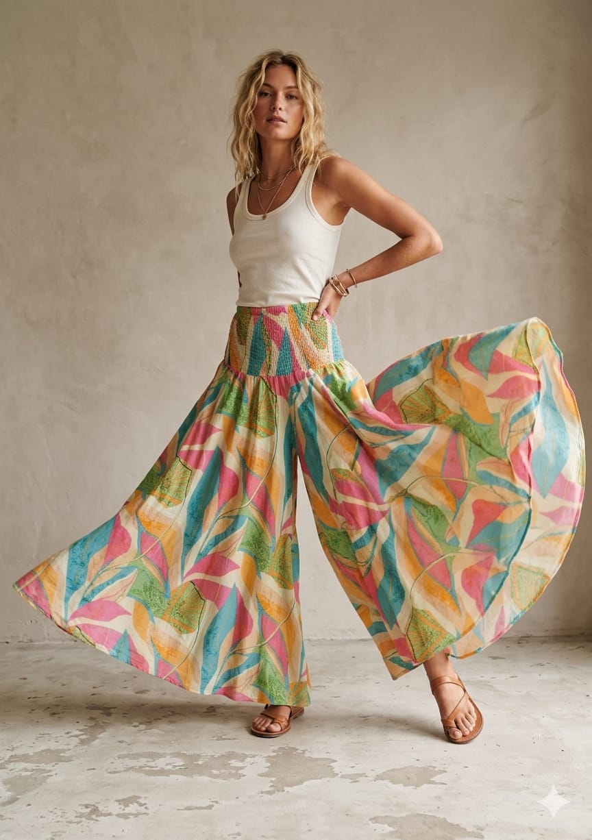 Elegant Leaf Printed Cotton Flared Palazzo Pants with Smocked Waist