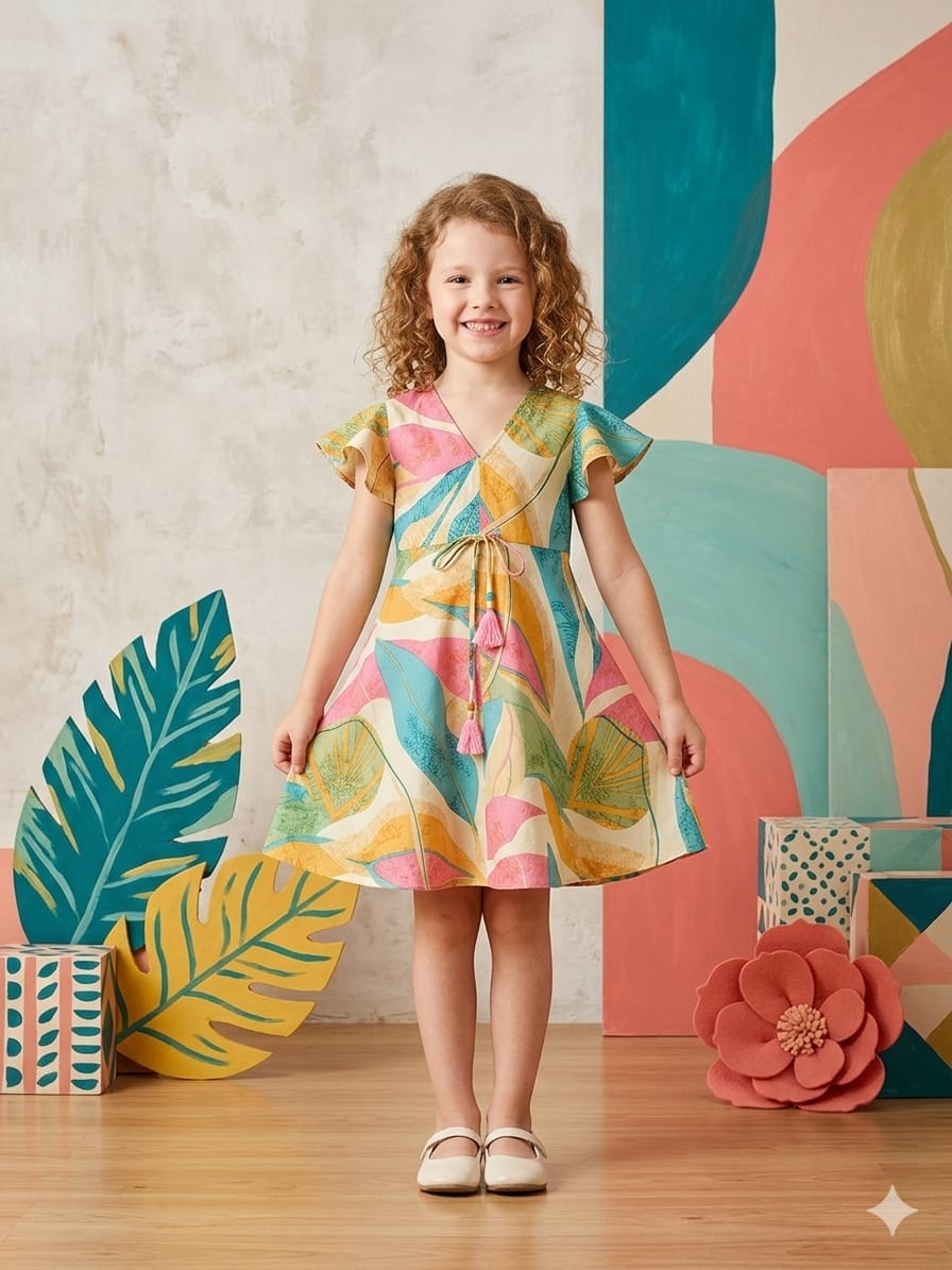 Baby Girls Leaf Printed Cotton Umbrella Style A-Line Dress with Flutter Sleeves