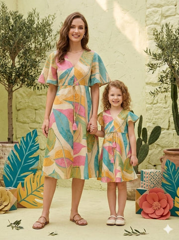 Mom & Me Leaf Printed Cotton Umbrella Style A-Line Dress with Drawstring Waist