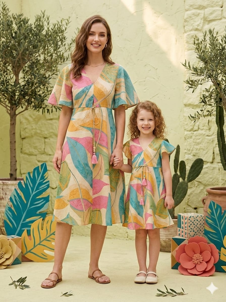 Mom & Me Leaf Printed Cotton Umbrella Style A-Line Dress with Drawstring Waist