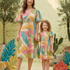 Mom & Me Leaf Printed Cotton Umbrella Style A-Line Dress with Drawstring Waist