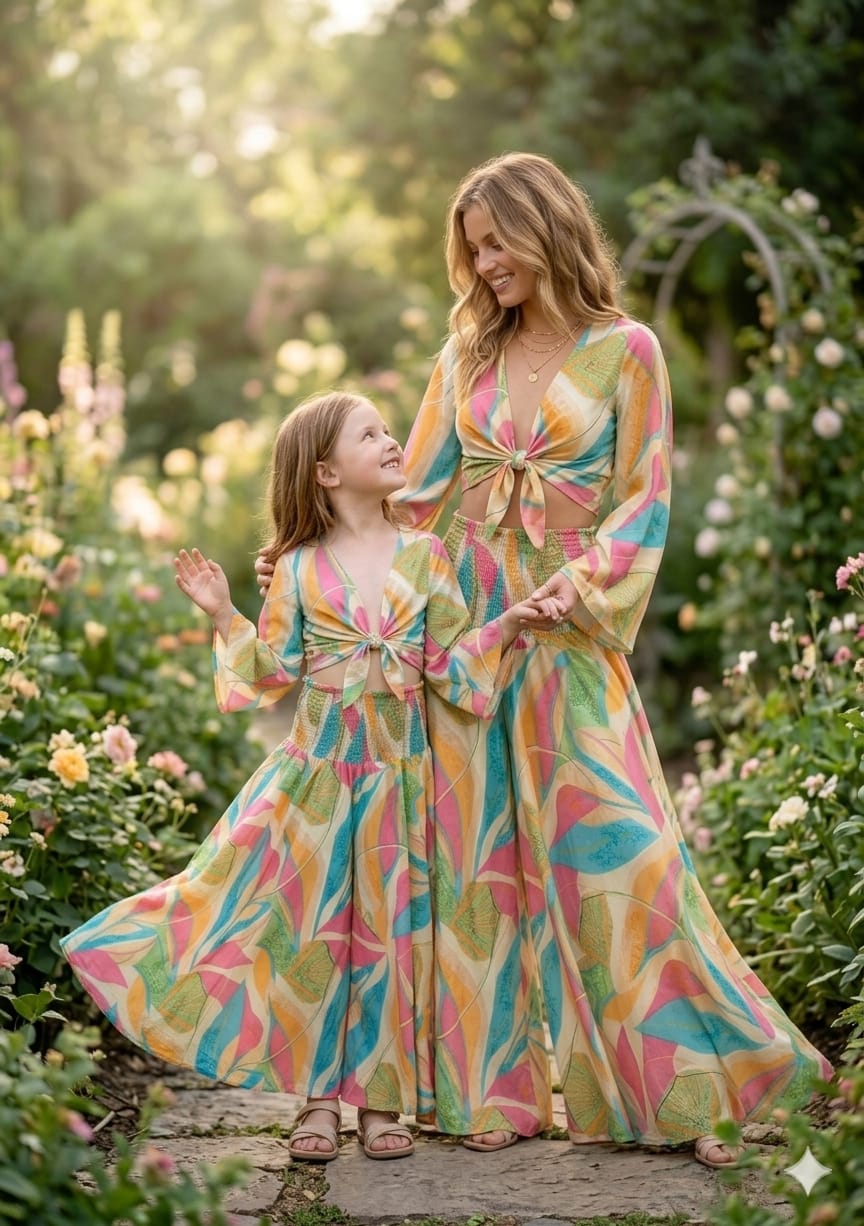 Mom & Me Leaf Printed Cotton Tie-Front Crop Top & Flared Palazzo Pant Co-ord Set