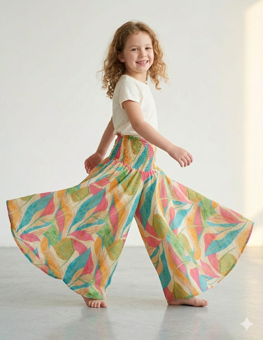 Baby Girl Leaf Printed Cotton Flared Palazzo Pants with Smocked Waist