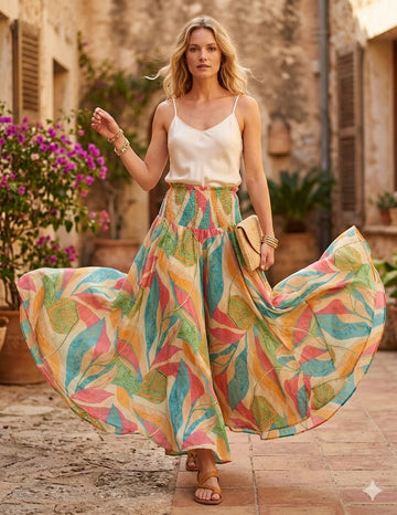 Elegant Leaf Printed Cotton Flared Palazzo Pants with Smocked Waist