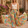 Elegant Leaf Printed Cotton Flared Palazzo Pants with Smocked Waist