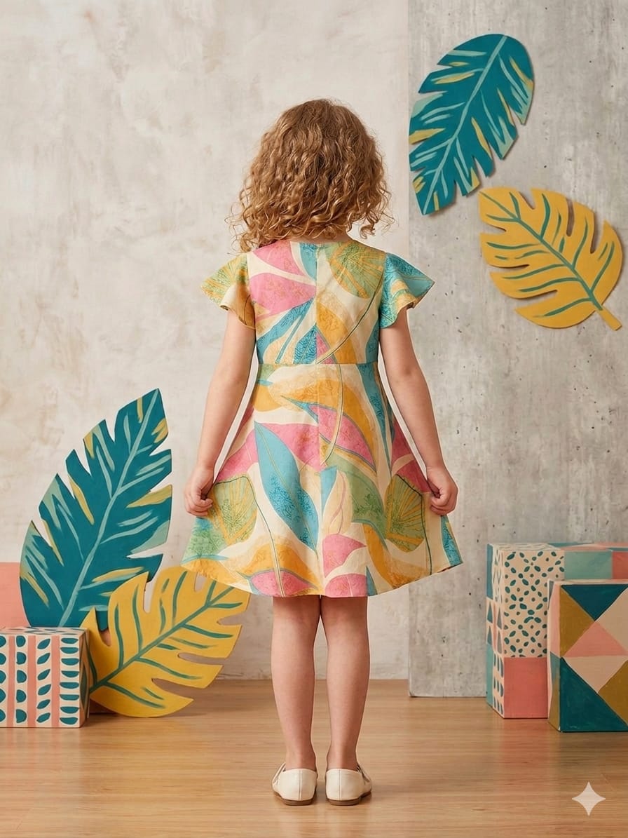 Baby Girls Leaf Printed Cotton Umbrella Style A-Line Dress with Flutter Sleeves