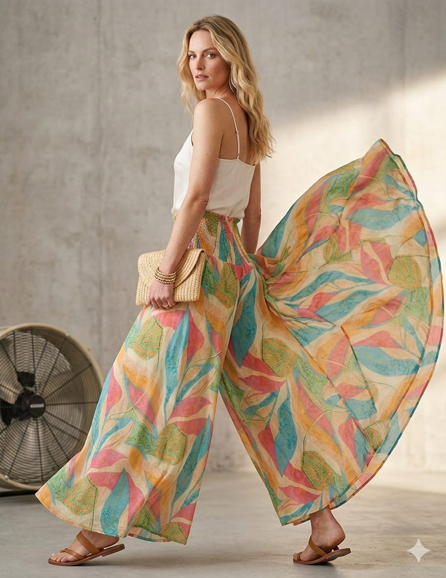Elegant Leaf Printed Cotton Flared Palazzo Pants with Smocked Waist