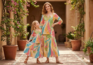 Mom & Me Leaf Printed Cotton Kurta with Flared Skirt Set