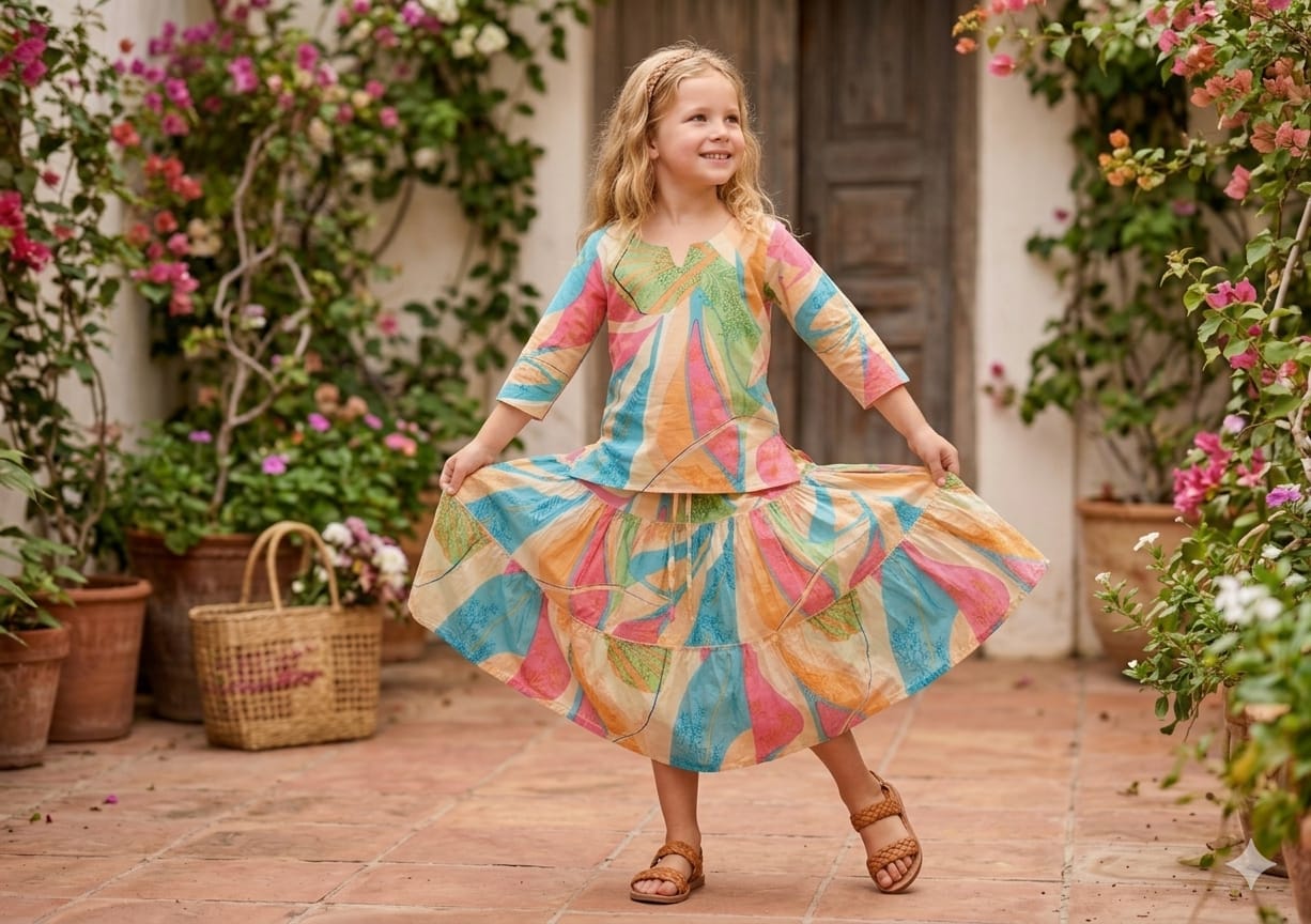 Baby Girls Leaf Printed Cotton Kurta with Flared Skirt Set