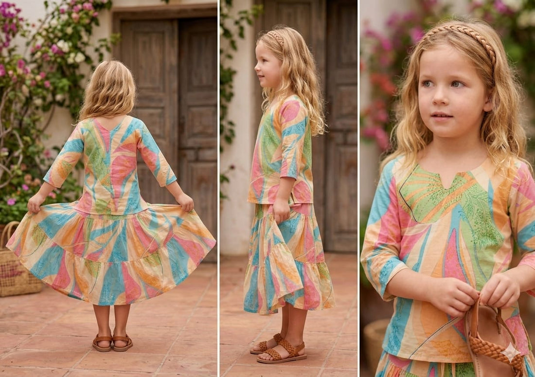 Baby Girls Leaf Printed Cotton Kurta with Flared Skirt Set