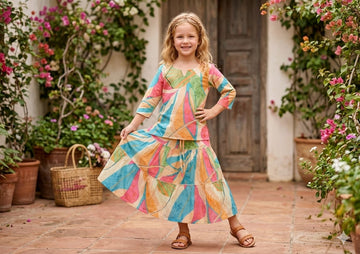 Baby Girls Leaf Printed Cotton Kurta with Flared Skirt Set