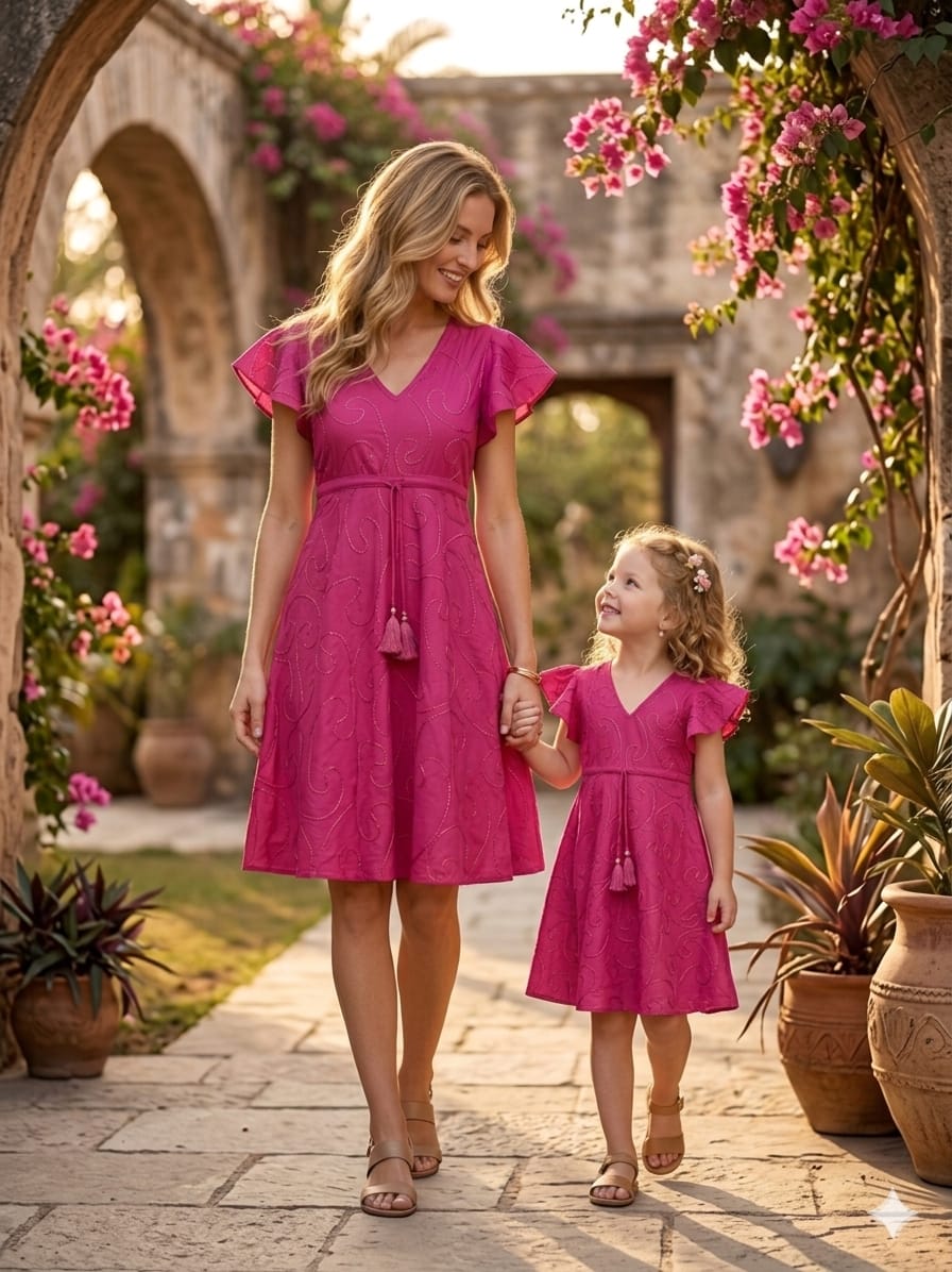 Mom & Me Pink Rayon Umbrella Style A-Line Dress with Drawstring Waist