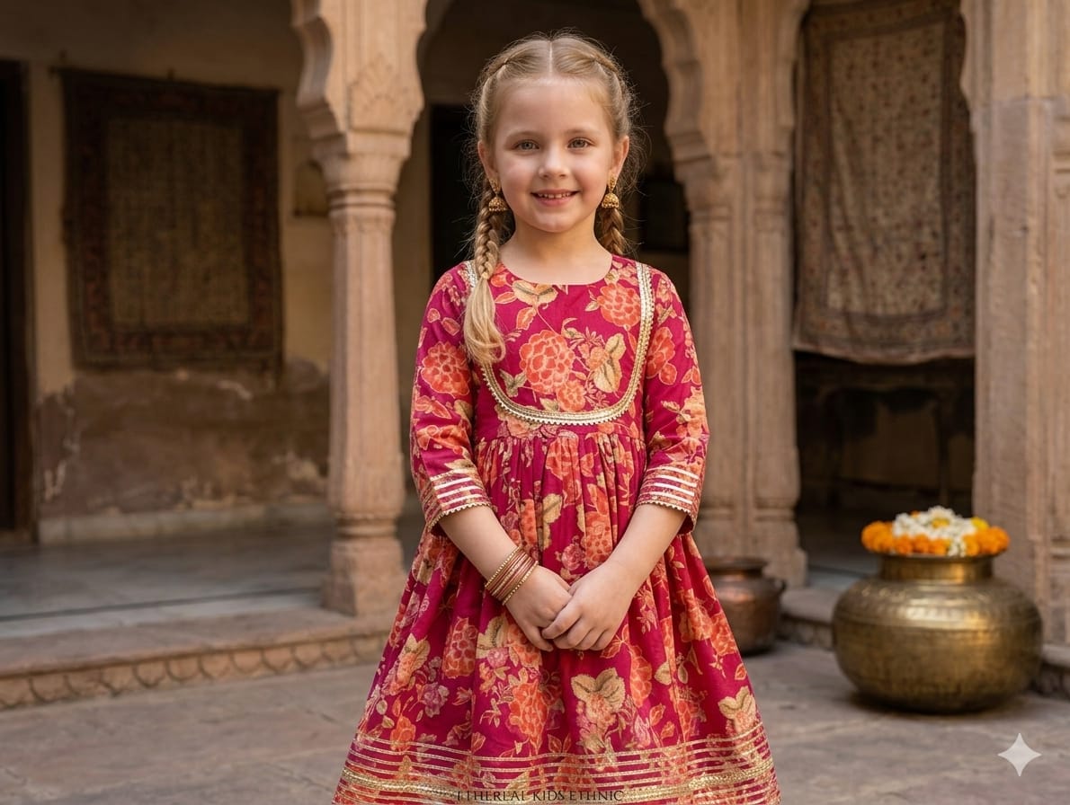 Baby Girl Dark Pink Floral Print Cotton Anarkali Kurta Set