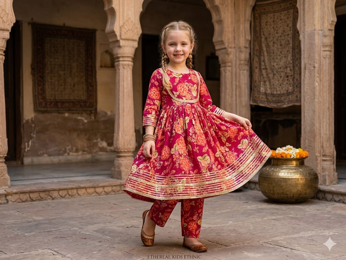Baby Girl Dark Pink Floral Print Cotton Anarkali Kurta Set