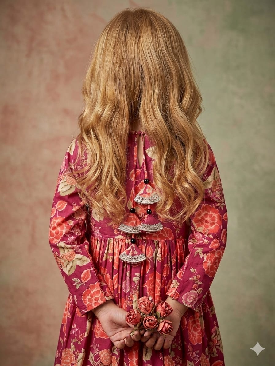 Baby Girl Dark Pink Floral Print Cotton Anarkali Kurta Set