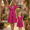 Mom & Me Pink Rayon Umbrella Style A-Line Dress with Drawstring Waist