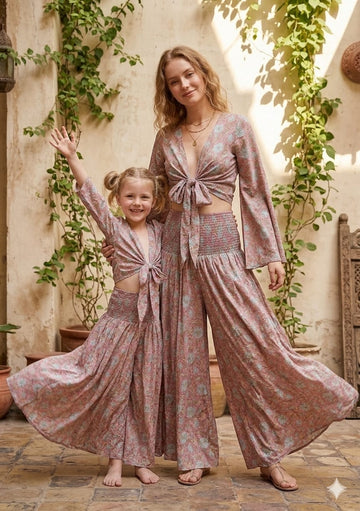 Mom & Me Dusty Rose Floral Printed Chanderi Tie-Front Crop Top & Flared Palazzo Pant Co-ord Set